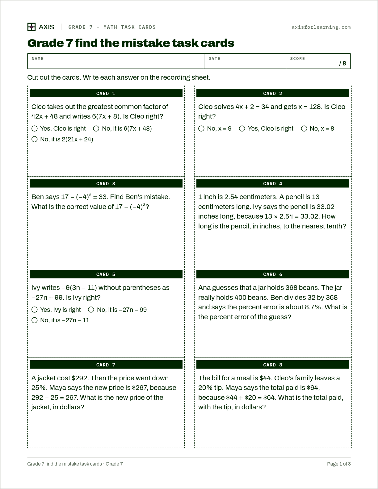 Grade 7 find the mistake task cards: first page of the printable worksheet