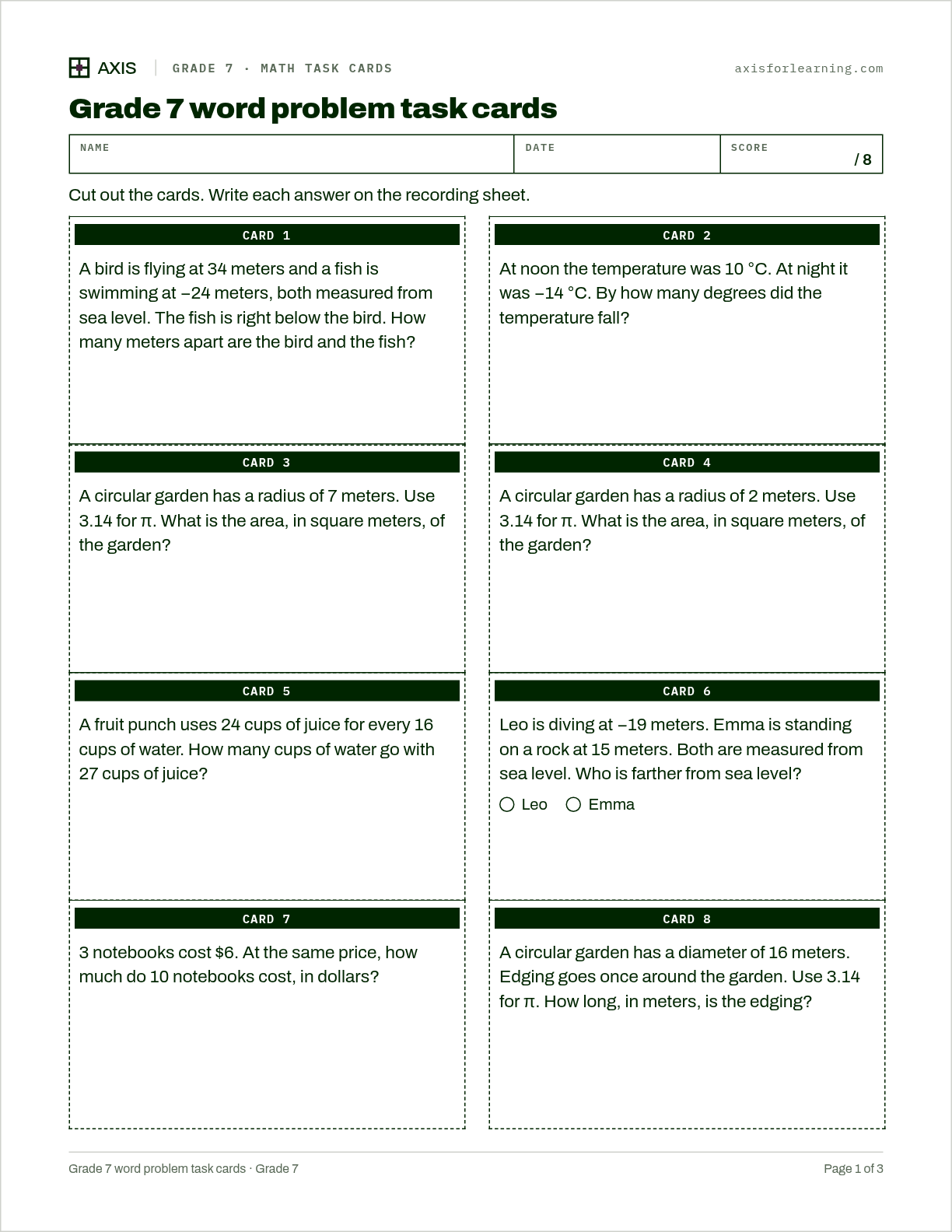 Grade 7 word problem task cards: first page of the printable worksheet