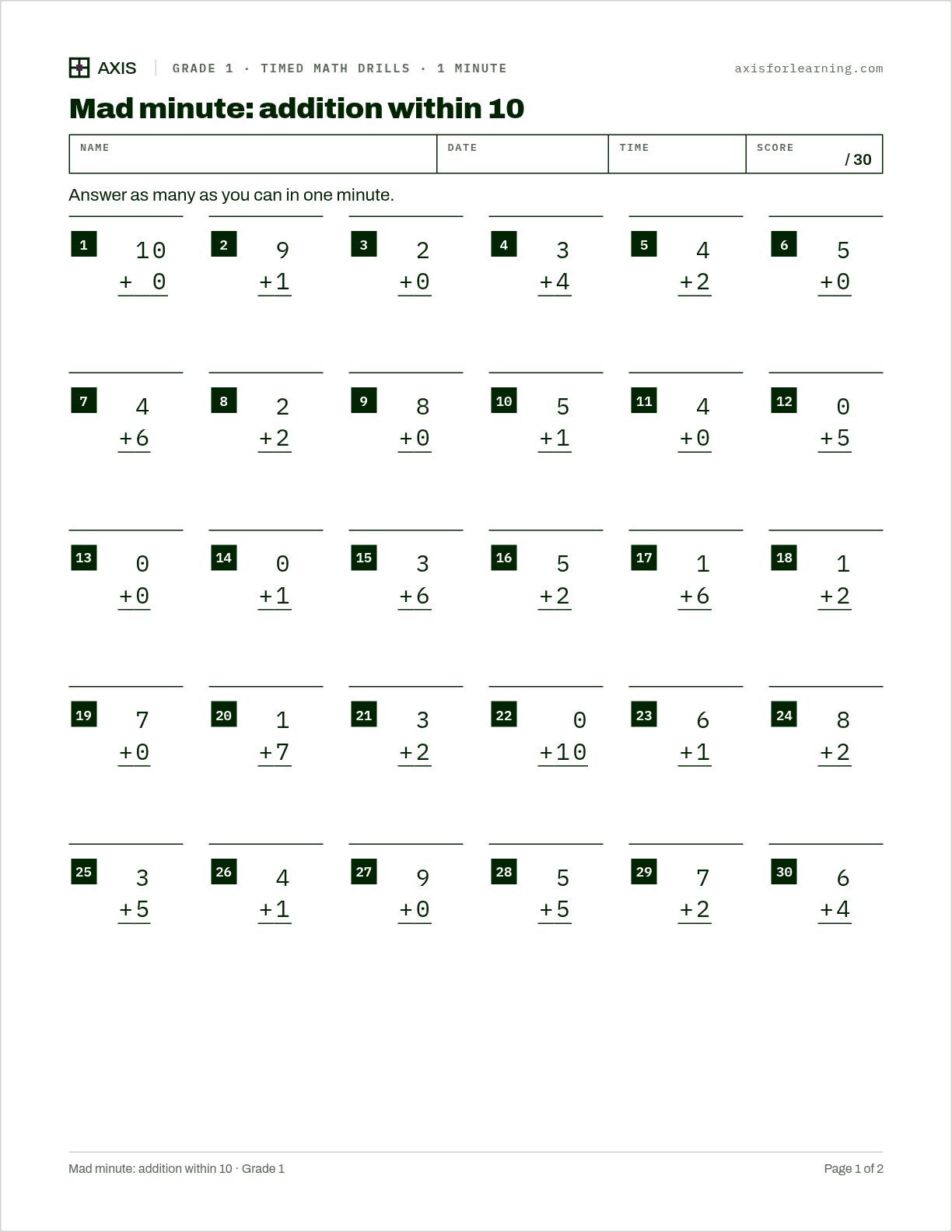 Mad minute: addition within 10: first page of the printable worksheet