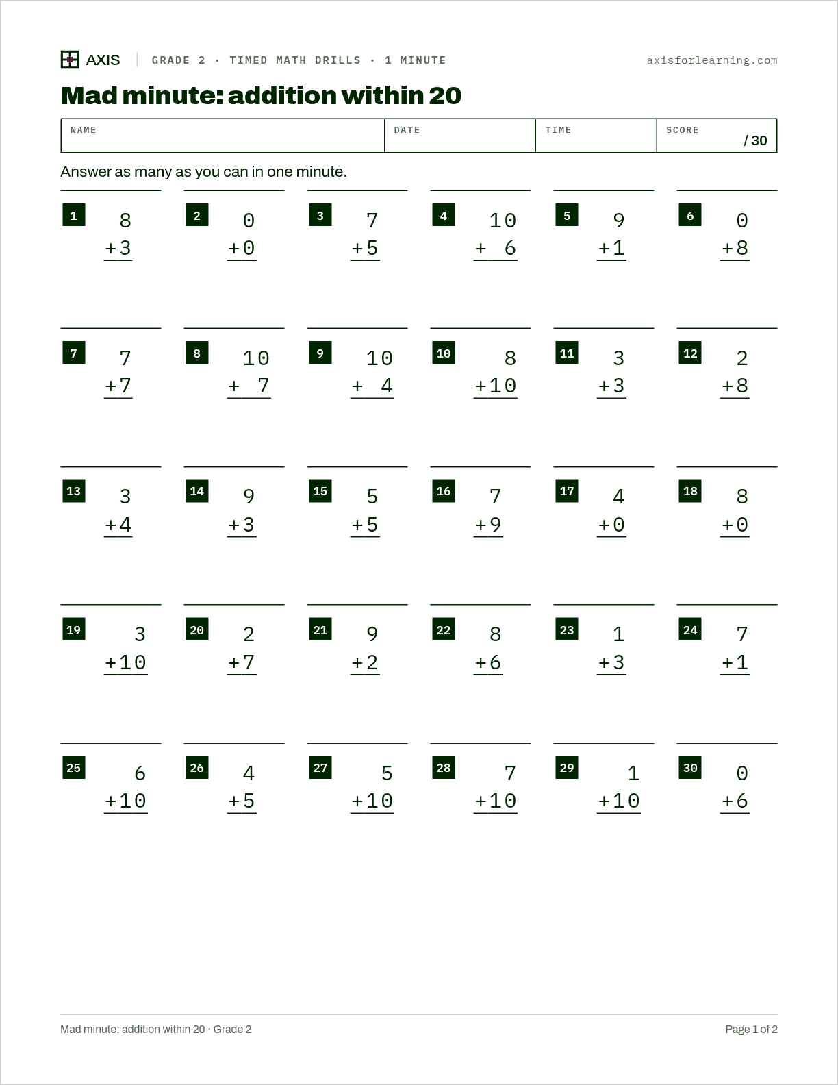 Mad minute: addition within 20: first page of the printable worksheet