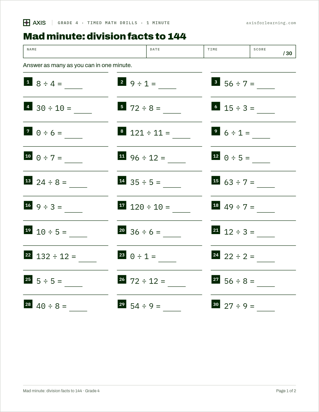 Mad minute: division facts to 144: first page of the printable worksheet