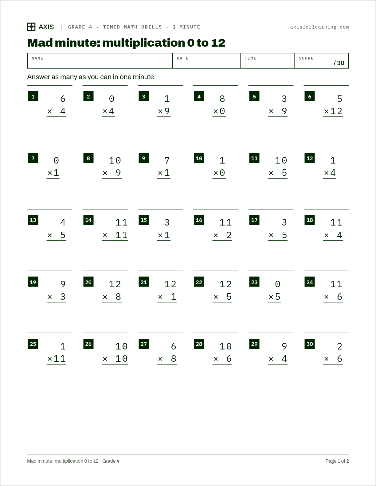 Mad minute: multiplication 0 to 12: first page of the printable worksheet