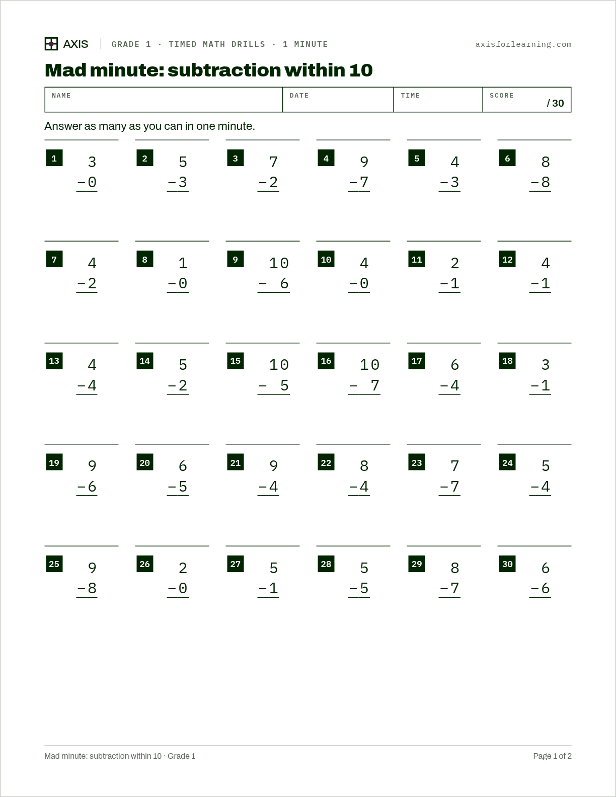 Mad minute: subtraction within 10: first page of the printable worksheet