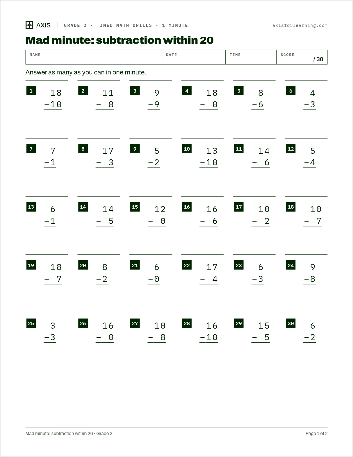 Mad minute: subtraction within 20: first page of the printable worksheet