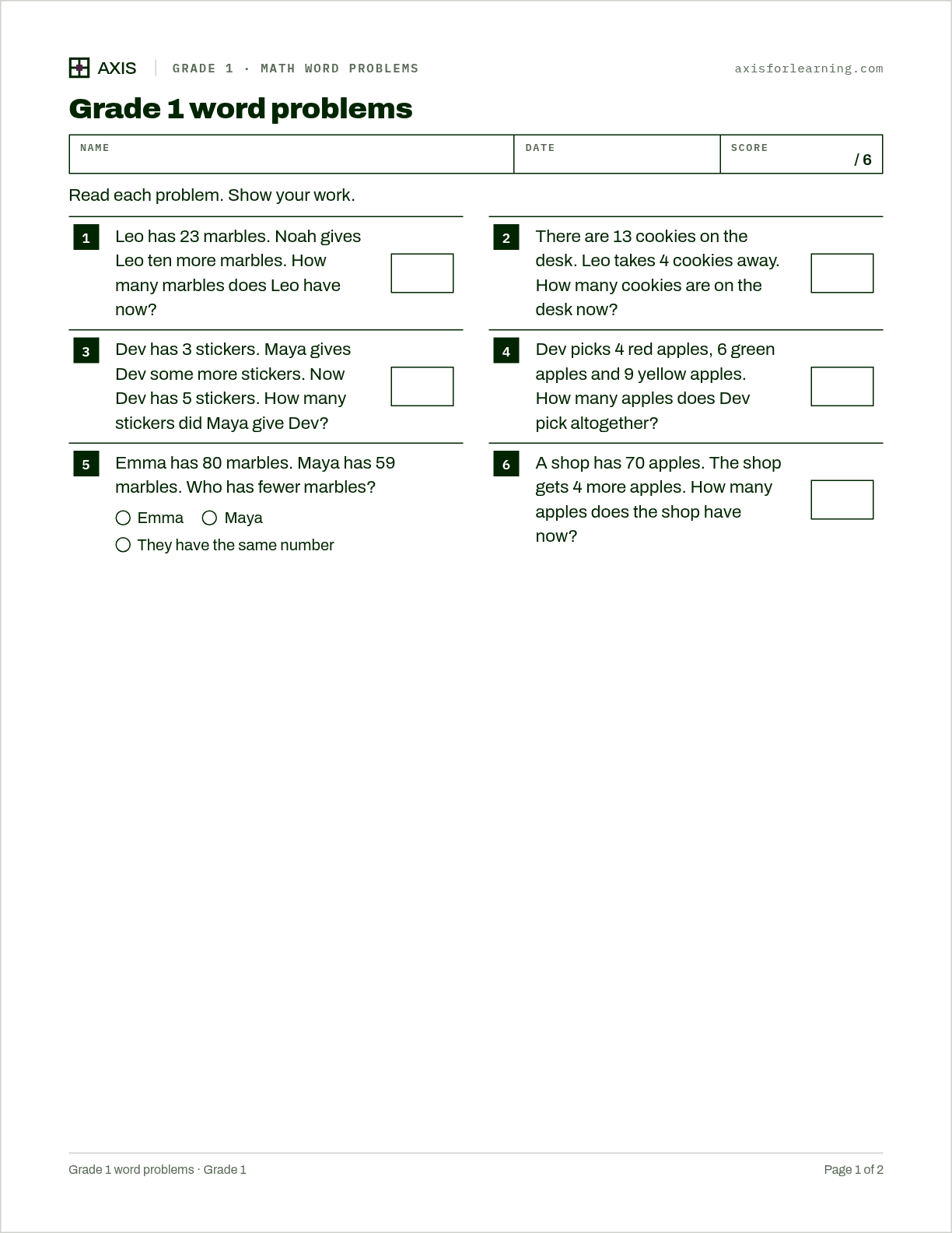 Grade 1 word problems: first page of the printable worksheet