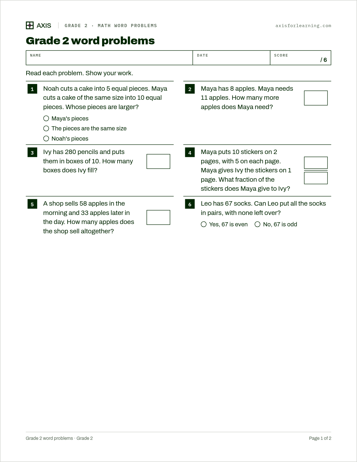 Grade 2 word problems: first page of the printable worksheet
