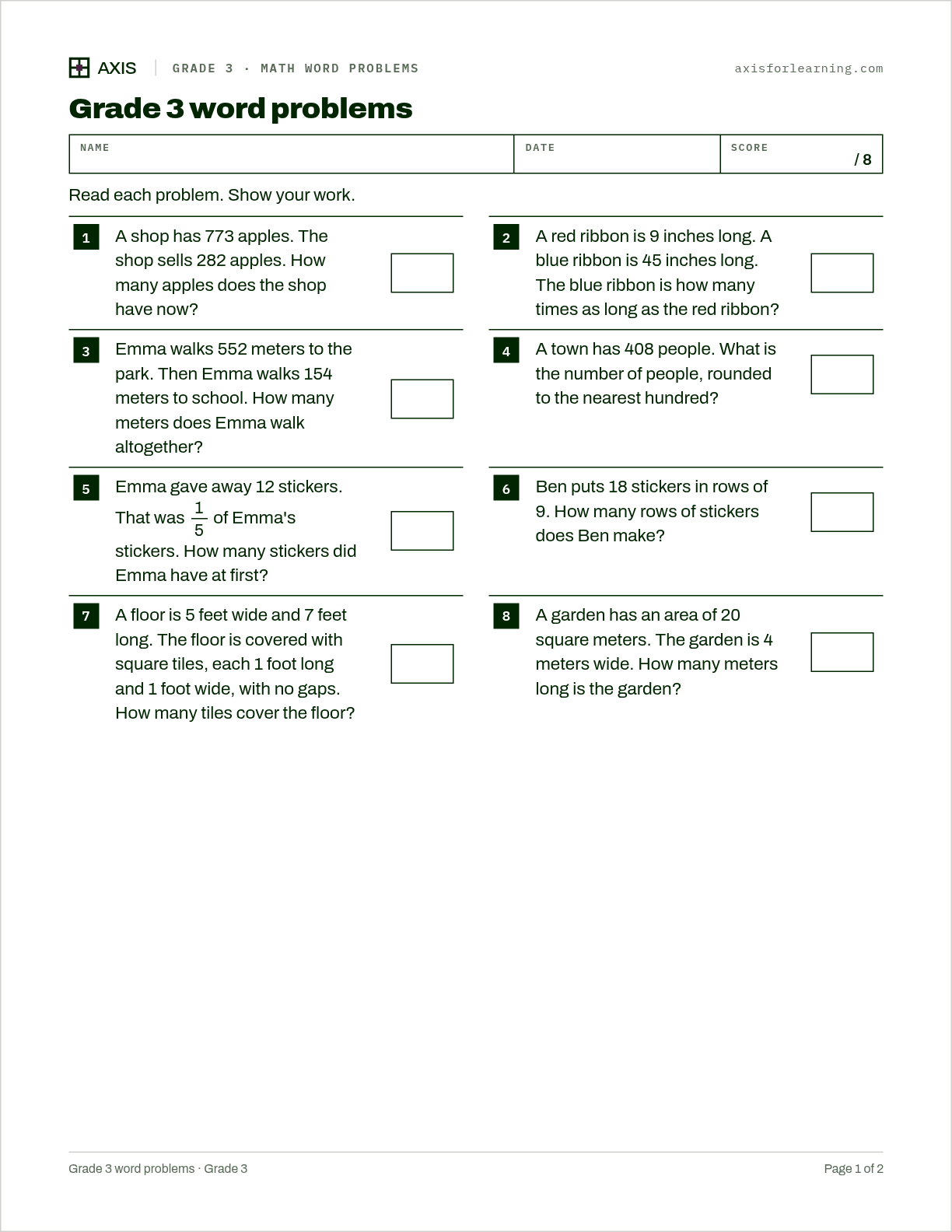 Grade 3 word problems: first page of the printable worksheet