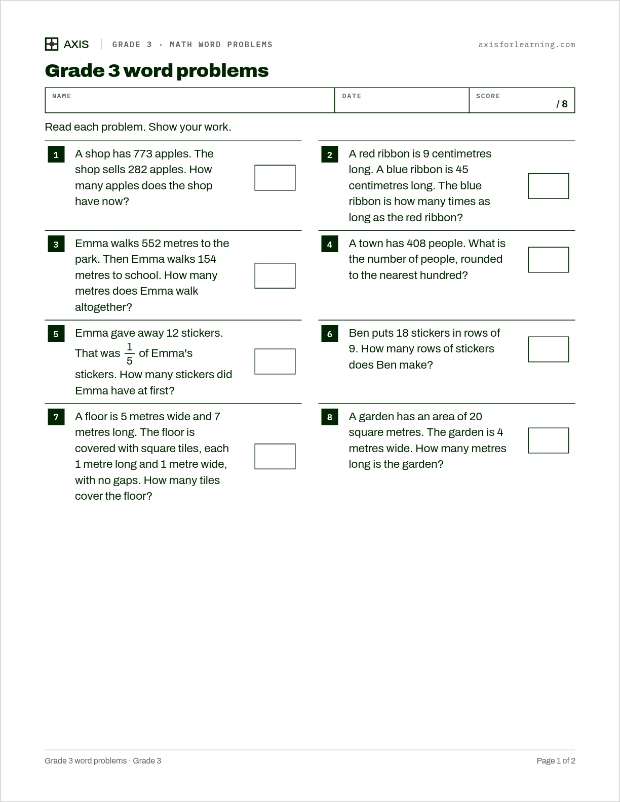 Grade 3 word problems: first page of the printable worksheet