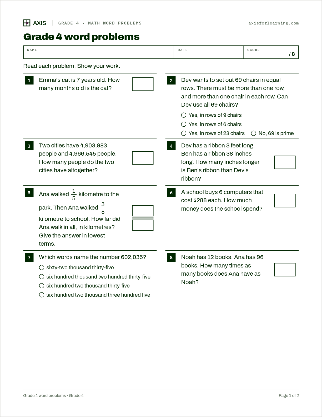 Grade 4 word problems: first page of the printable worksheet