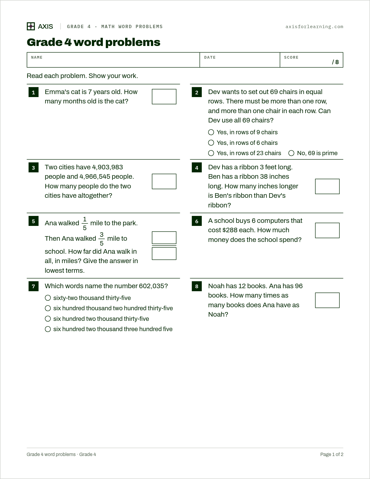 Grade 4 word problems: first page of the printable worksheet