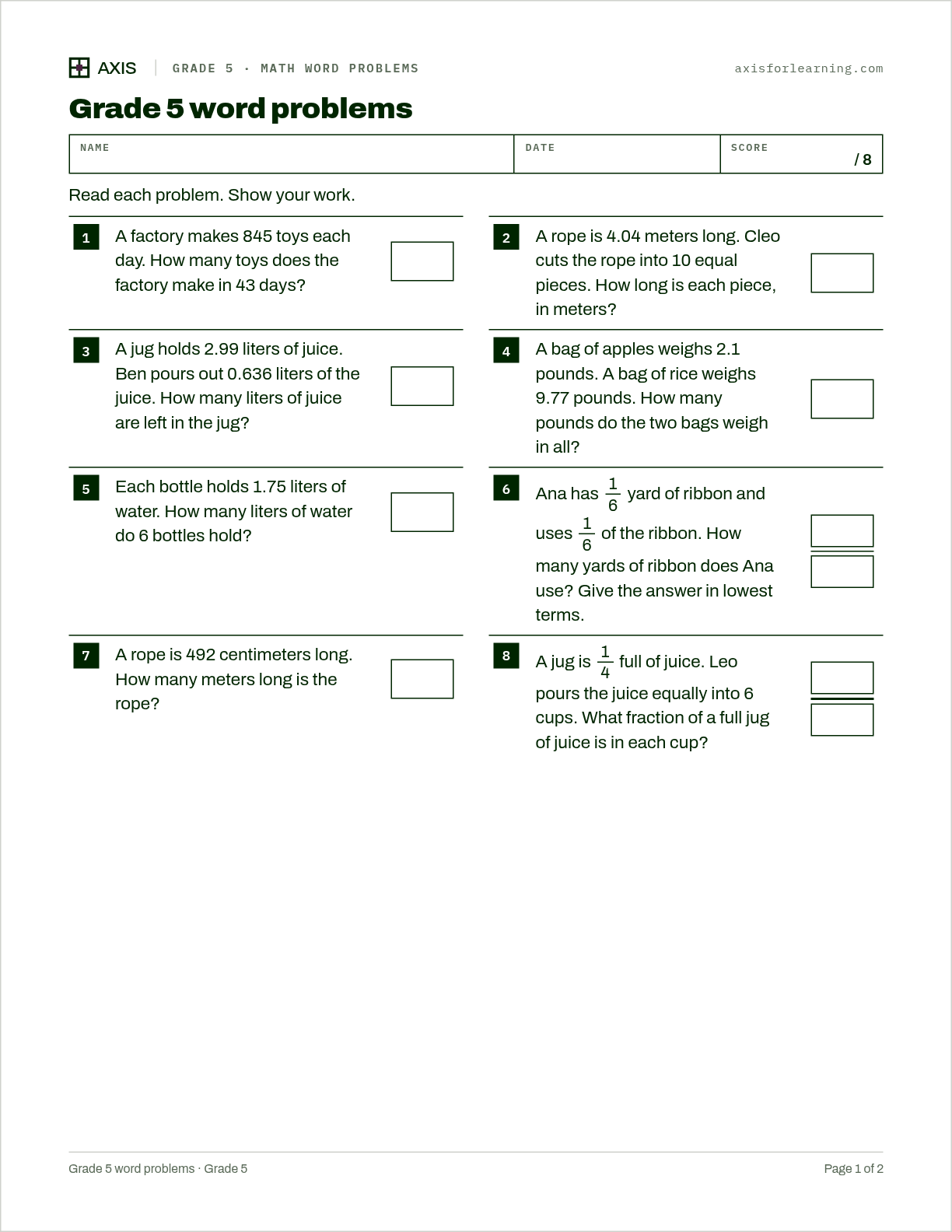 Grade 5 word problems: first page of the printable worksheet