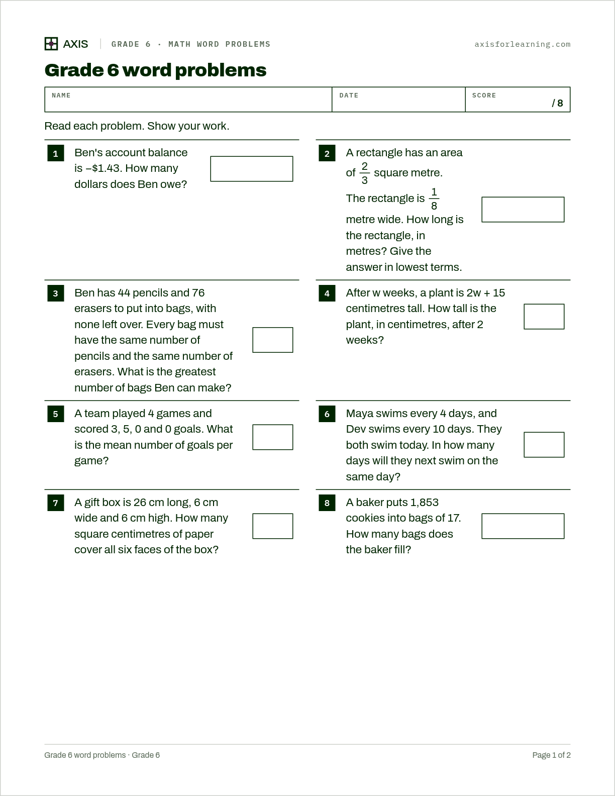 Grade 6 word problems: first page of the printable worksheet