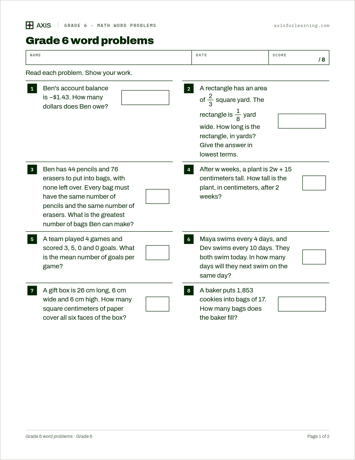 Grade 6 word problems: first page of the printable worksheet
