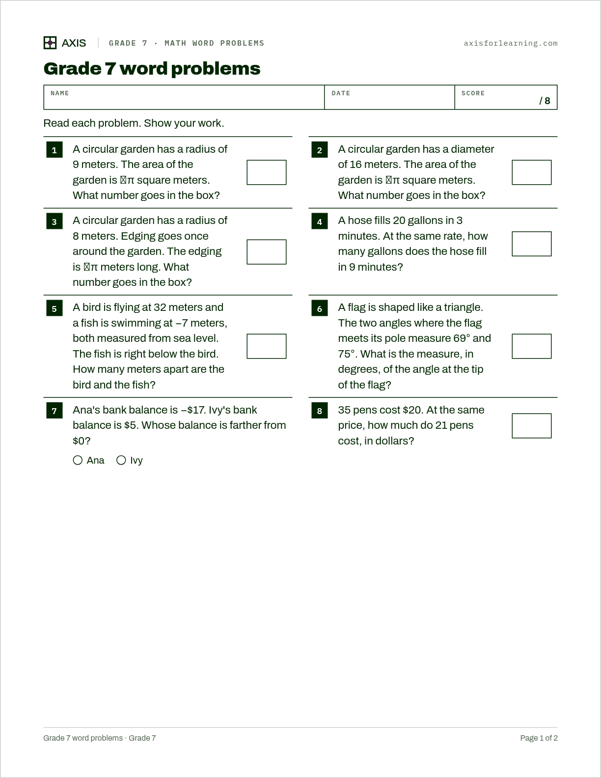 Grade 7 word problems: first page of the printable worksheet