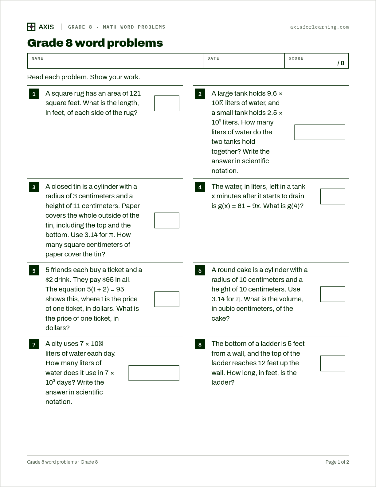 Grade 8 word problems: first page of the printable worksheet