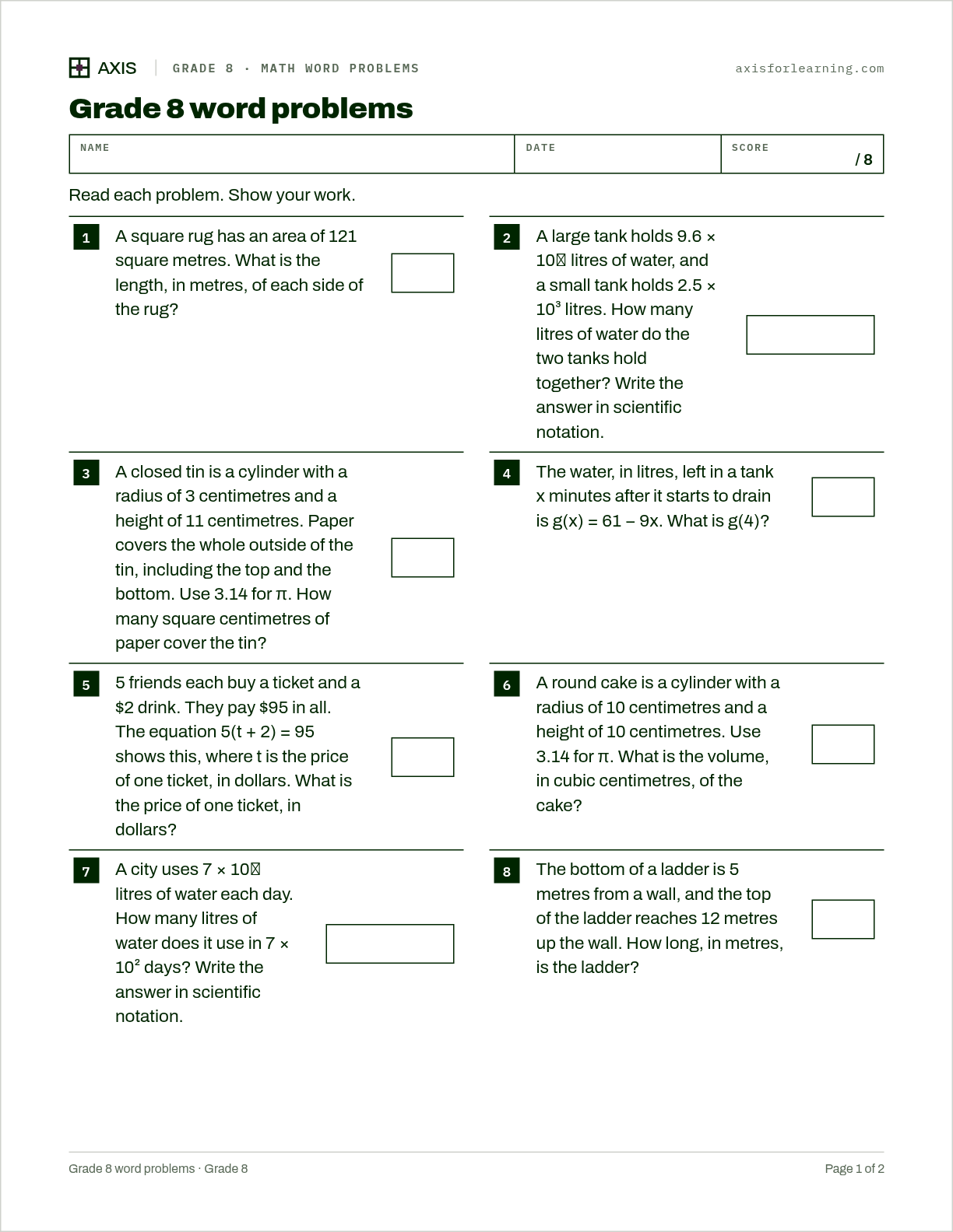 Grade 8 word problems: first page of the printable worksheet